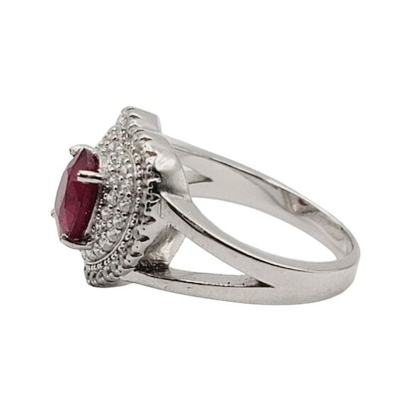 925 Sterling Silver Rhodium Plated Genuine Ruby Clear CZ Heart Shaped Ring - Picture 3 of 9